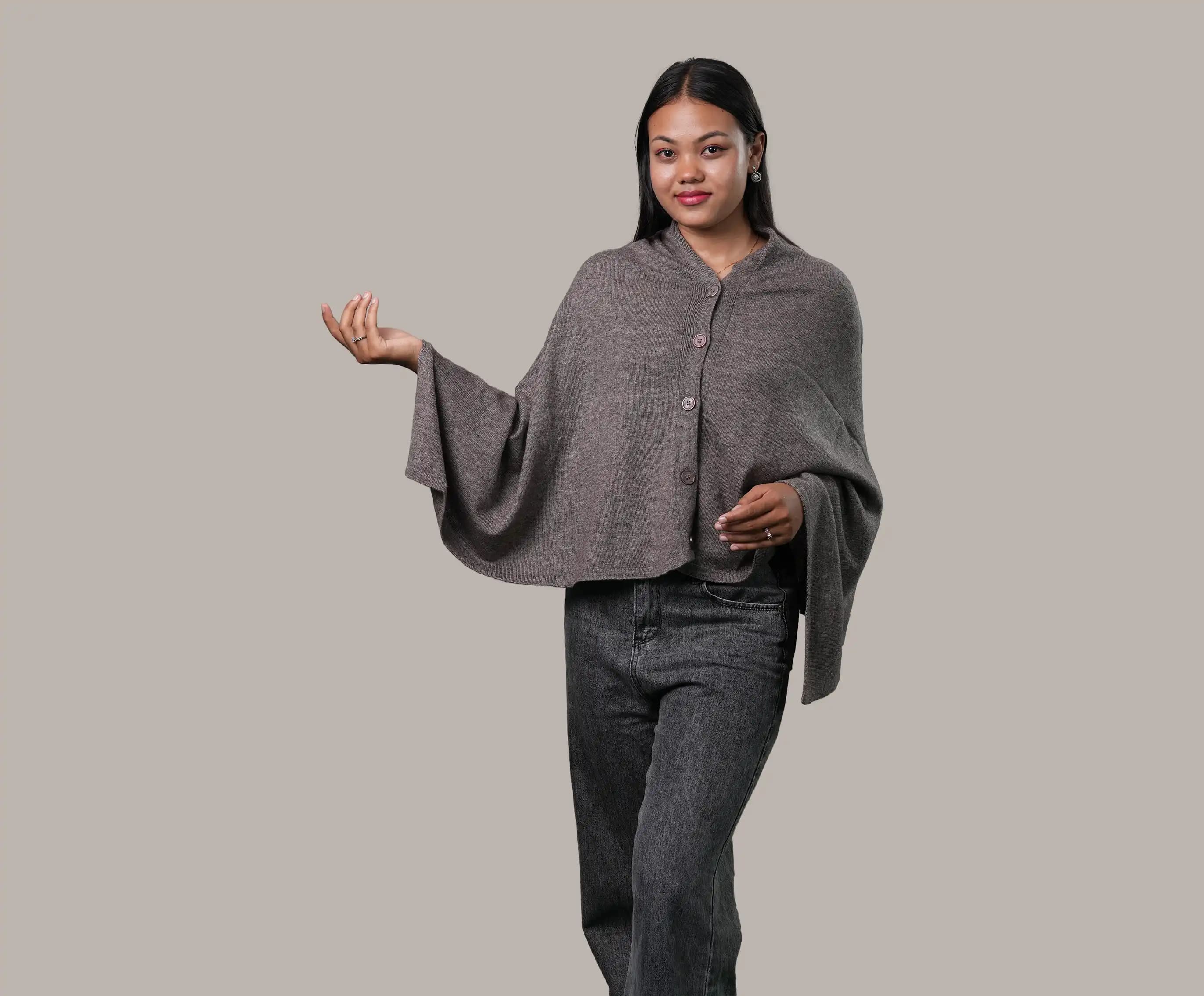 Cashmere Blend Natural Poncho With Button